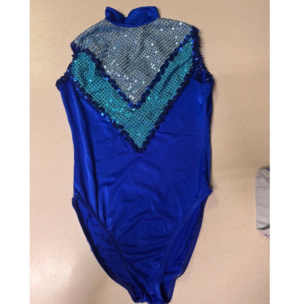 Vintage Blue Sequin Dance Leotard Mock Neck Keyhole Back Gymnastics Bodysuit